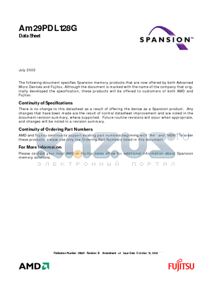 AM29PDL128G70RPEI datasheet - 128 Megabit (8 M x 16-Bit/4 M x 32-Bit) CMOS 3.0 Volt-only, Simultaneous Read/ Write Flash Memory with VersatileIOTM Control