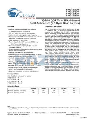 CY7C1261V18-333BZXI datasheet - 36-Mbit QDR-II SRAM 4-Word Burst Architecture (2.5 Cycle Read Latency)
