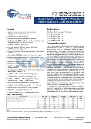 CY7C1263KV18-550BZXC datasheet - 36-Mbit QDR^ II SRAM 4-Word Burst Architecture (2.0 Cycle Read Latency)