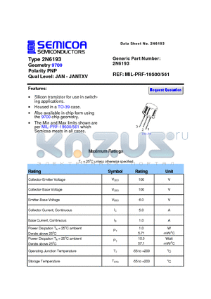 2N6193 datasheet - Type 2N6193 Geometry 9700 Polarity PNP