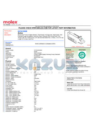 0673519006 datasheet - MicroCross DVI-D Digital Interface, Panel Mount, Through Hole, Right Angle, PCBExtended Height Receptacle, Gold (Au) Flash, Polyester (PBT),Screw Hole, 4-40