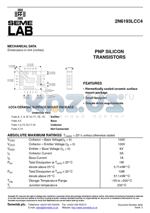 2N6193LCC4 datasheet - PNP SILICON TRANSISTORS