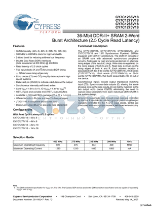 CY7C1268V18-333BZXI datasheet - 36-Mbit DDR-II SRAM 2-Word Burst Architecture (2.5 Cycle Read Latency)