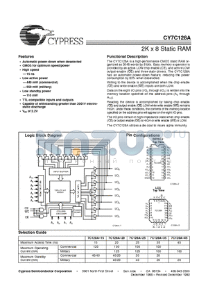 CY7C128A-15PC datasheet - 2K x 8 Static RAM