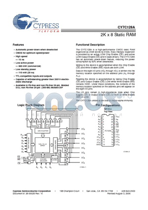 CY7C128A-15PC datasheet - 2K x 8 Static RAM