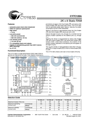 CY7C128A-15PC datasheet - 2K x 8 Static RAM