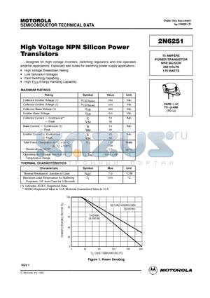 2N6251 datasheet - High Voltage NPN Silicon Power Transistors