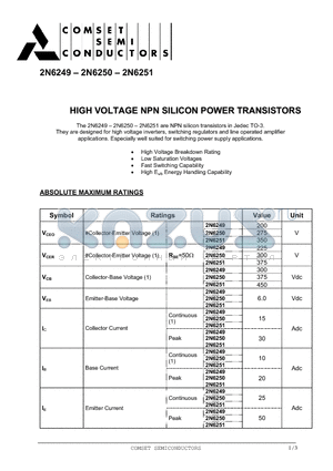 2N6251 datasheet - HIGH VOLTAGE NPN SILICON POWER TRANSISTORS