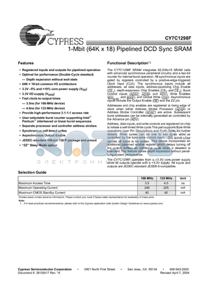 CY7C1298F datasheet - 1-Mbit (64K x 18) Pipelined DCD Sync SRAM