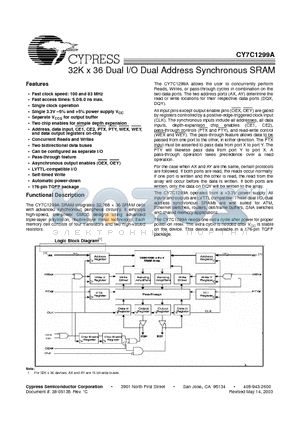 CY7C1299A datasheet - 32K x 36 Dual I/O Dual Address Synchronous SRAM