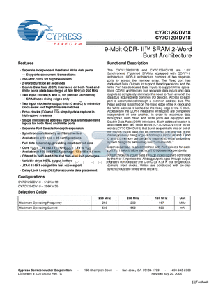 CY7C1292DV18-200BZXI datasheet - 9-Mbit QDR- II SRAM 2-Word Burst Architecture