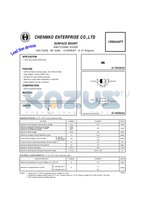 1SS420PT datasheet - SWITCHING DIODE VOLTAGE 85 Volts CURRENT 0.15 Ampere