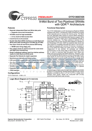 CY7C1302CV25 datasheet - 9-Mbit Burst of Two Pipelined SRAMs with QDR Architecture