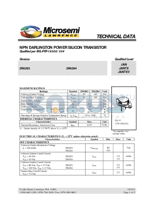 2N6284 datasheet - NPN DARLINGTON POWER SILICON TRANSISTOR