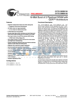 CY7C1303BV18-167BZC datasheet - 18-Mbit Burst of 2 Pipelined SRAM with QDR Architecture