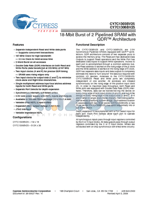 CY7C1303BV25-167BZXC datasheet - 18-Mbit Burst of 2 Pipelined SRAM with QDR Architecture