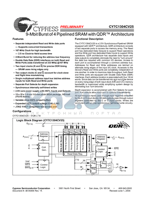 CY7C1304CV25 datasheet - 9-Mbit Burst of 4 Pipelined SRAM with QDR Architecture