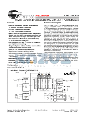 CY7C1304CV25-167BZC datasheet - 9-Mbit Burst of 4 Pipelined SRAM with QDR Architecture