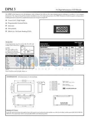 DPM3S datasheet - The DPM 3 is the largest in our sub-miniature series of meters but still uses the same miniaturisation techniques to produce a very compact instrument