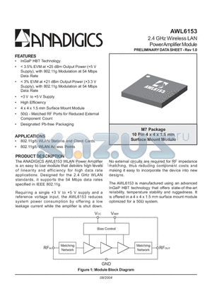 AWL6153 datasheet - 2.4 GHz Wireless LAN Power Amplifier Module