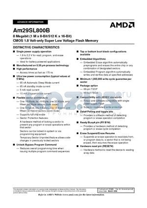 AM29SL800BB170FC datasheet - 8 Megabit (1 M x 8-Bit/512 K x 16-Bit) CMOS 1.8 Volt-only Super Low Voltage Flash Memory