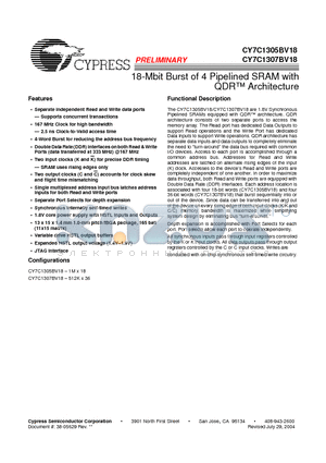 CY7C1305BV18 datasheet - 18-Mbit Burst of 4 Pipelined SRAM with QDR Architecture