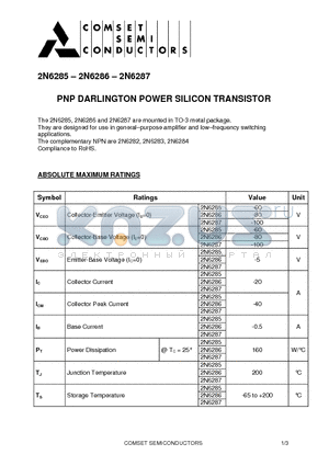 2N6287 datasheet - PNP DARLINGTON POWER SILICON TRANSISTOR