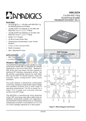 AWL9224 datasheet - 2.4 GHz 802.11b/g WLAN Power Amplifier