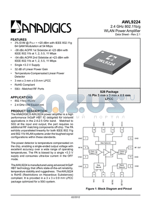 AWL9224 datasheet - 2.4 GHz 802.11b/g WLAN Power Amplifier