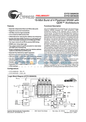 CY7C1307AV25 datasheet - 18-Mbit Burst of 4 Pipelined SRAM with QDR Architecture