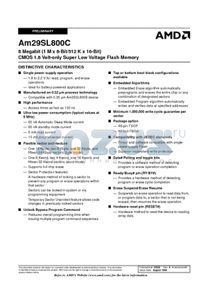 AM29SL800CB100WBIB datasheet - 8 Megabit (1 M x 8-Bit/512 K x 16-Bit) CMOS 1.8 Volt-only Super Low Voltage Flash Memory