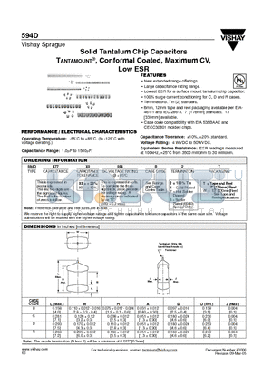 594D100X0-004B2T datasheet - Solid Tantalum Chip Capacitors TANTAMOUNT, Conformal Coated, Maximum CV, Low ESR