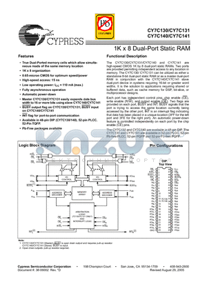 CY7C131-15JXI datasheet - 1K x 8 Dual-Port Static RAM