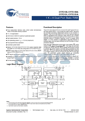 CY7C131-25NXC datasheet - 1 K  8 Dual-Port Static RAM