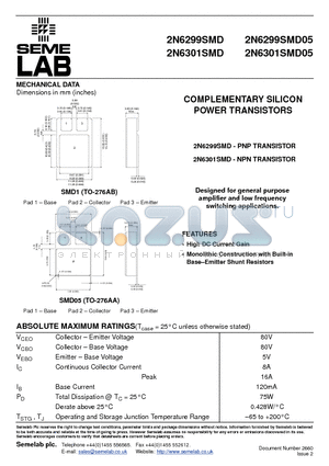 2N6299SMD05 datasheet - COMPLEMENTARY SILICON POWER TRANSISTORS