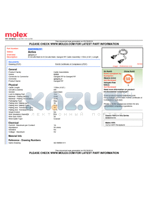 0685608201 datasheet - 8 Circuits Male-to-8 Circuits Male, Ganged RF Cable Assembly 1.50m (4.92 ) Length