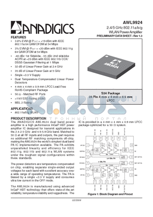 AWL9924RS34P6 datasheet - 2.4/5 GHz 802.11a/b/g WLAN Power Amplifier