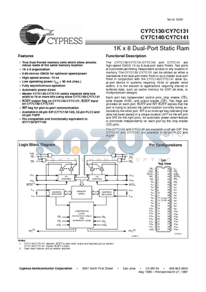 CY7C131-55JC datasheet - 1K x 8 Dual-Port Static Ram