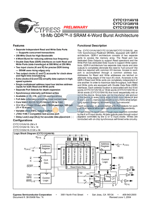 CY7C1311AV18-167BZC datasheet - 18-Mb QDRTM-II SRAM 4-Word Burst Architecture