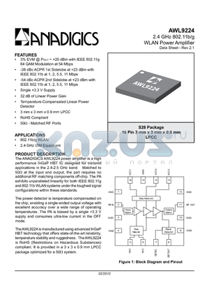 AWL9224RS28Q1 datasheet - 2.4 GHz 802.11b/g WLAN Power Amplifier