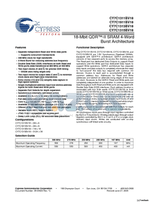 CY7C1311BV18-167BZI datasheet - 18-Mbit QDR-II SRAM 4-Word Burst Architecture