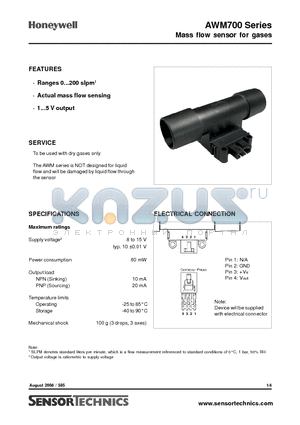 AWM720P1 datasheet - Mass flow sensor for gases