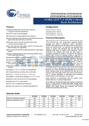 CY7C1311CV18-200BZXI datasheet - 18-Mbit QDR-II SRAM 4-Word Burst Architecture