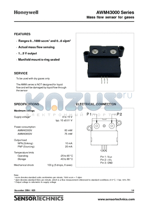 AWM43600V datasheet - Mass flow sensor for gases