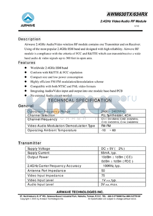 AWM634TX datasheet - 2.4GHz Video/Audio RF Module