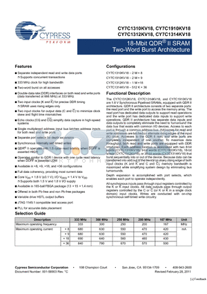 CY7C1312KV18 datasheet - 18-Mbit QDR^ II SRAM Two-Word Burst Architecture