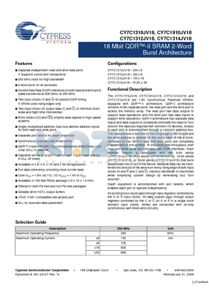 CY7C1312JV18-250BZI datasheet - 18 Mbit QDR-II SRAM 2-Word Burst Architecture