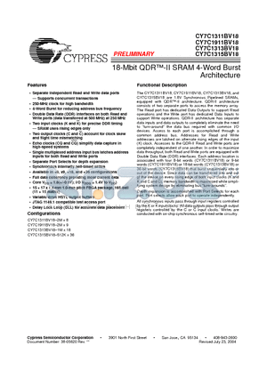 CY7C1313BV18-250BZC datasheet - 18-Mbit QDR-II SRAM 4-Word Burst Architecture