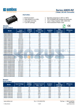 AM2D-0509D-RZ datasheet - 2 Watt | DC-DC Converter