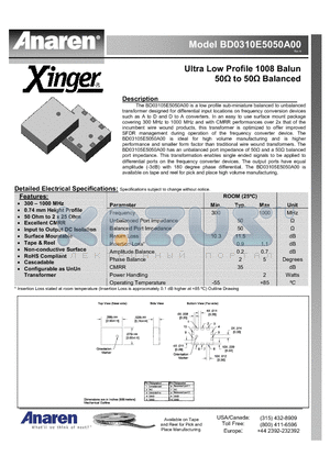 BD0310E5050A00 datasheet - Ultra Low Profile 1008 Balun